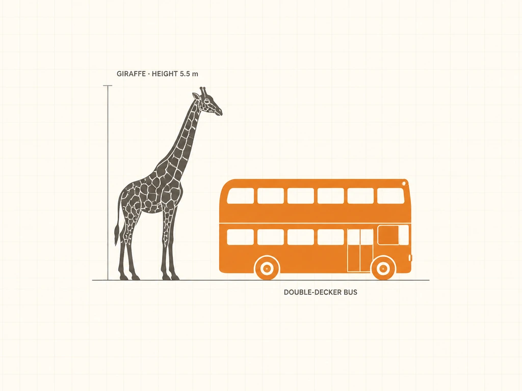 Grey silhouette of a giraffe labelled GIRAFFE HEIGHT 5.5 m standing beside an orange double-decker bus labelled only DOUBLE-DECKER BUS, drawn at true relative height on a shared ground line
